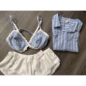 Women's Size L 3 Pc Set -Auden Bralette, Bloomer And Button Down Shirt Pj Set